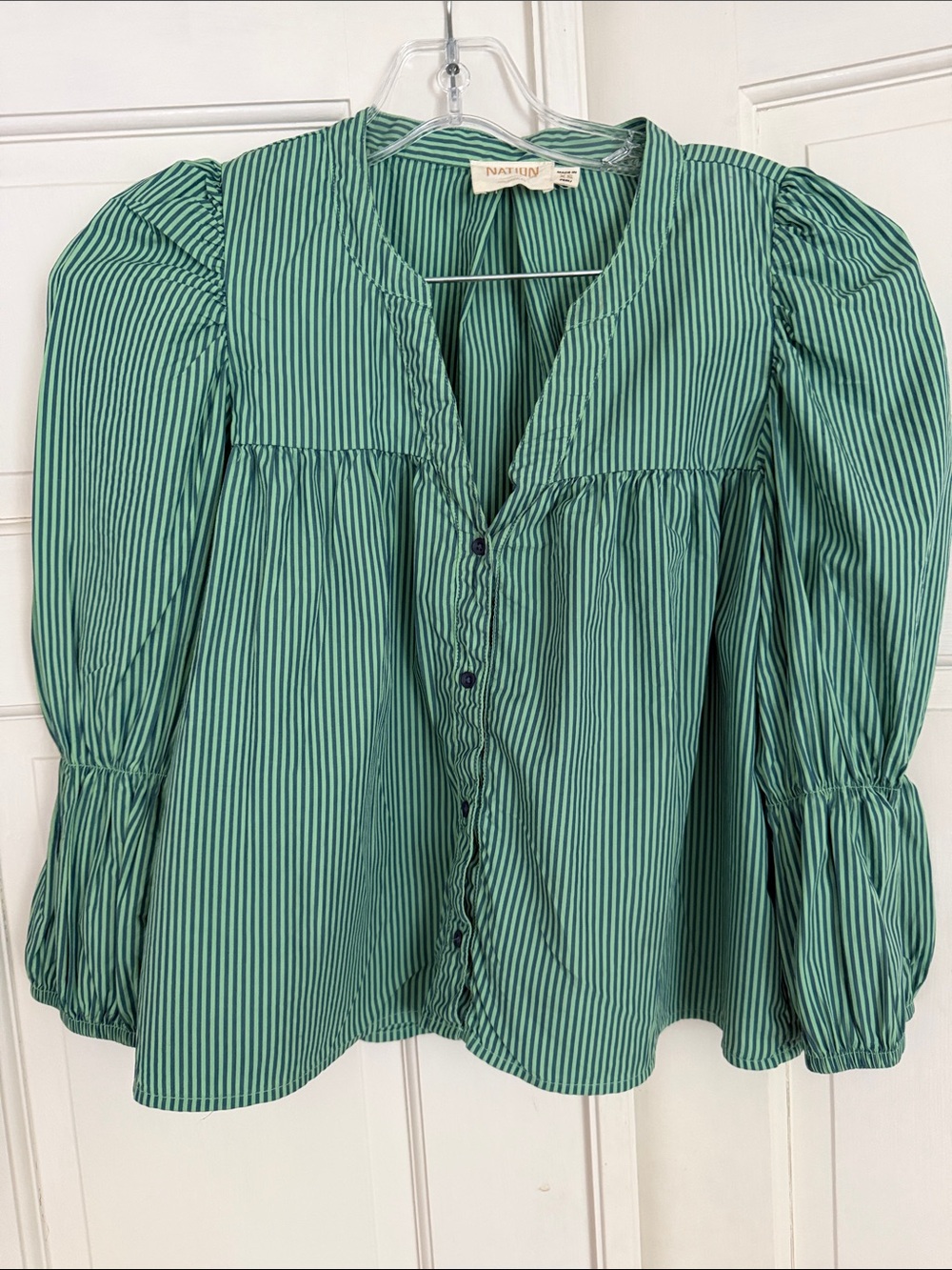 Nation LTD Geneva Green Striped Puff-Sleeve Button Front Top XS READ
